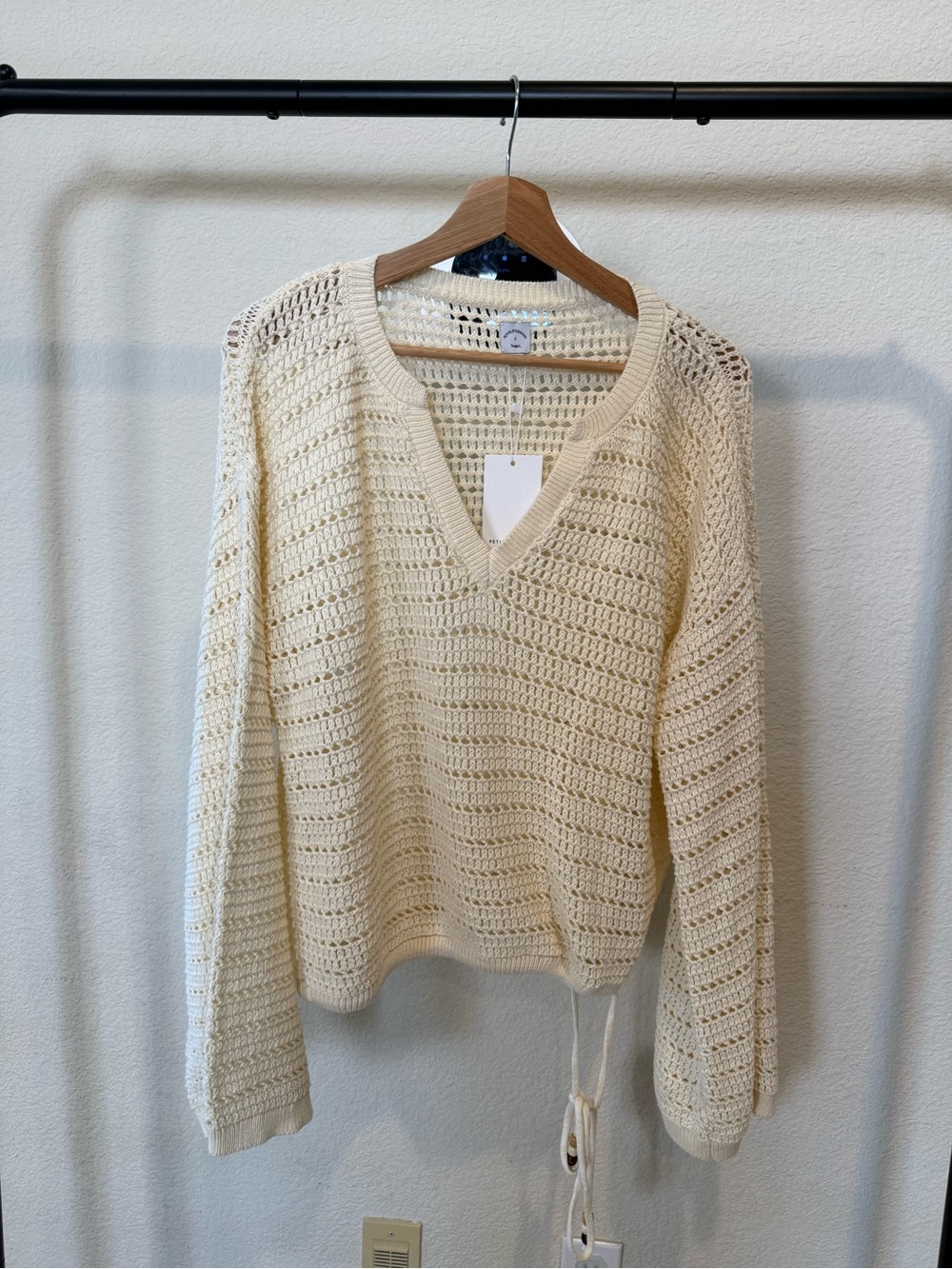 Cream V-Neck Open-Knit Sweater